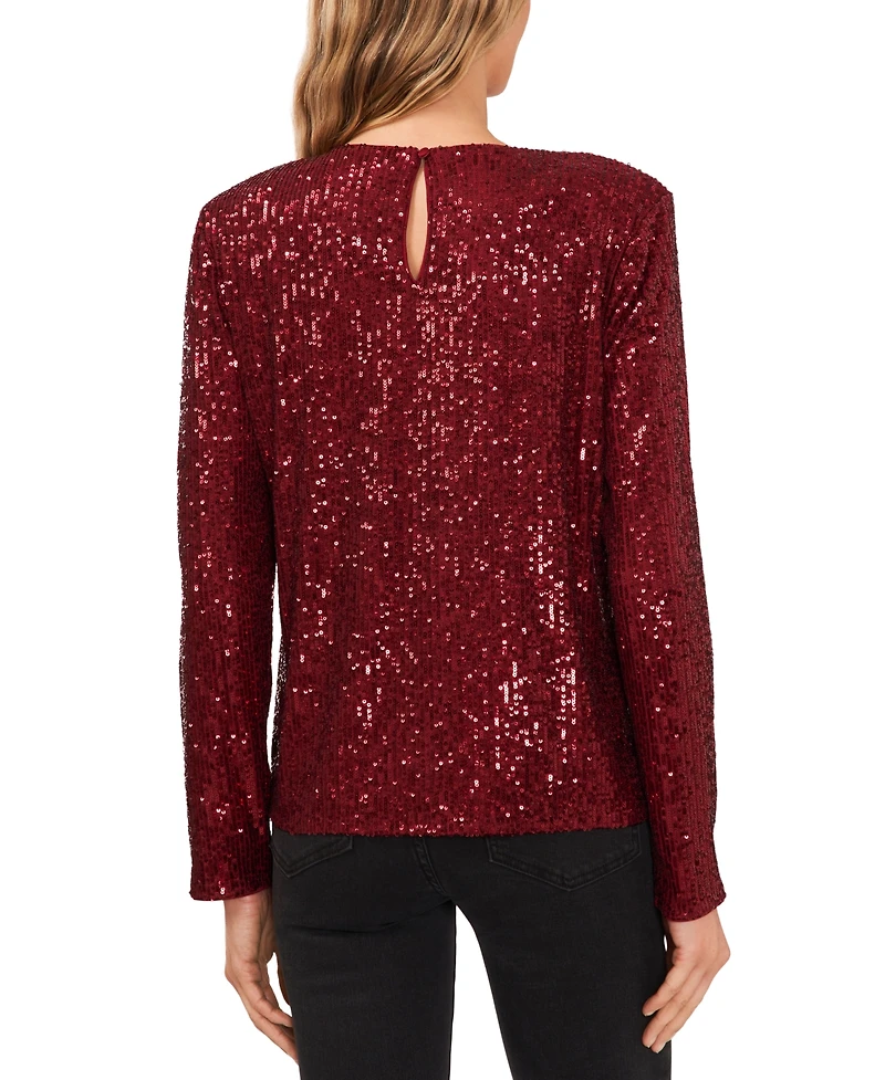 CeCe Women's Long Sleeve Crew Neck Sequin Blouse