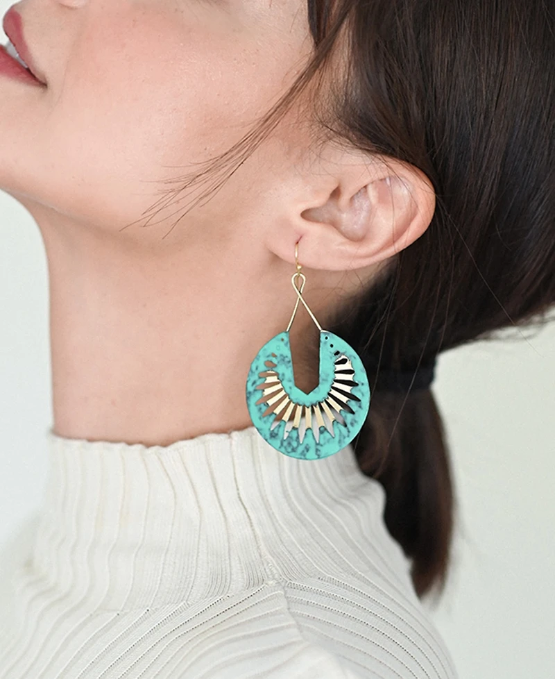 Matr Boomie Nihira Teal Patina Dangling Hoop Earrings