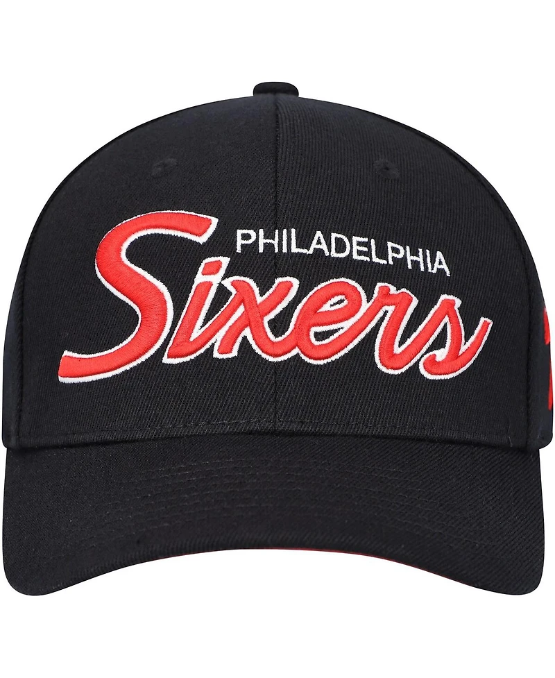 Men's Mitchell & Ness Black Philadelphia 76ers Mvp Team Script 2.0 Stretch-Snapback Hat