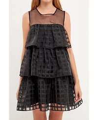 English Factory Women's Organza Gridded Tiered Sleeveless Mini Dress