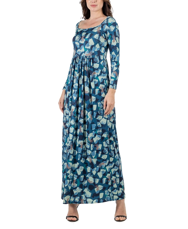 24seven Comfort Apparel Women's Abstract Long Sleeve Pleated Maxi Dress