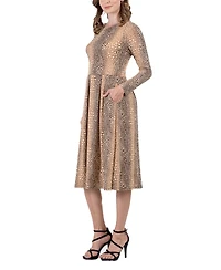 24seven Comfort Apparel Women's Print Long Sleeve Pleated Midi Dress