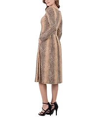 24seven Comfort Apparel Women's Print Long Sleeve Pleated Midi Dress