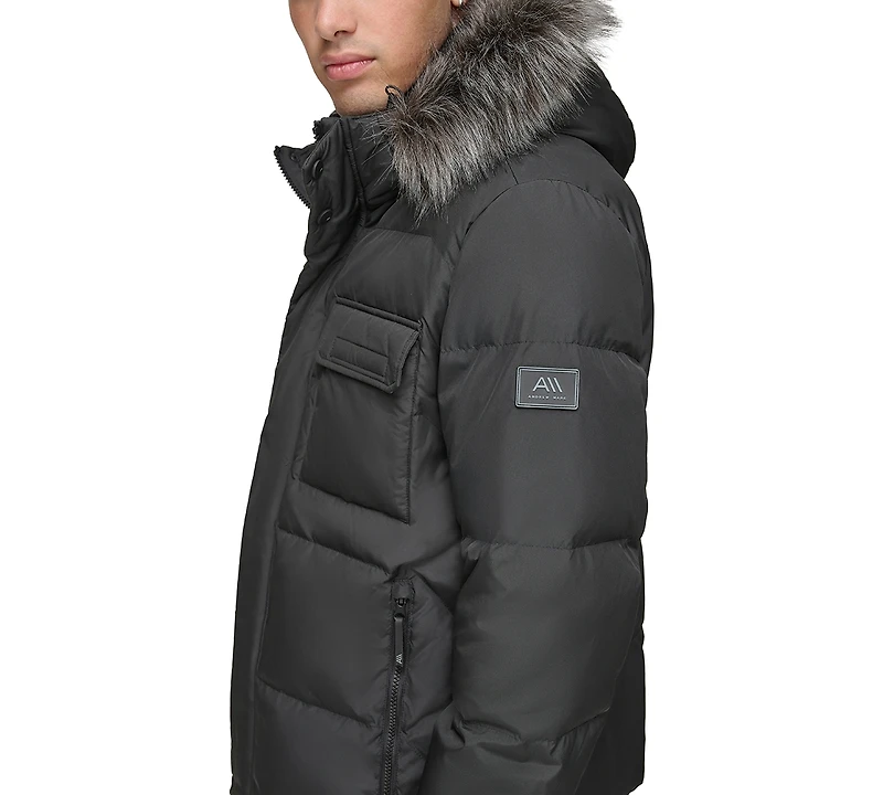 Marc New York Men's Nisko Short Channel Quilted Puffer Jacket with Faux Fur Hood