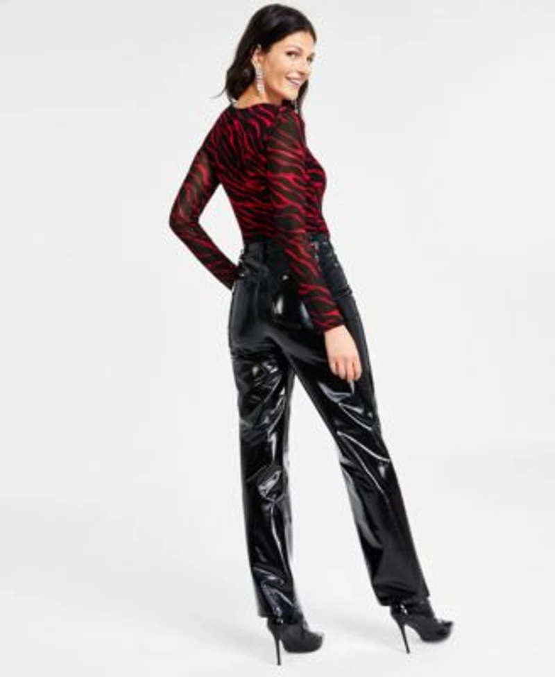 I.N.C. International Concepts Womens Zebra Print Asymmetric Mesh Sleeve Top Patent High Rise Straight Leg Pants Created For Macys