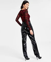 I.N.C. International Concepts Womens Zebra Print Asymmetric Mesh Sleeve Top Patent High Rise Straight Leg Pants Created For Macys