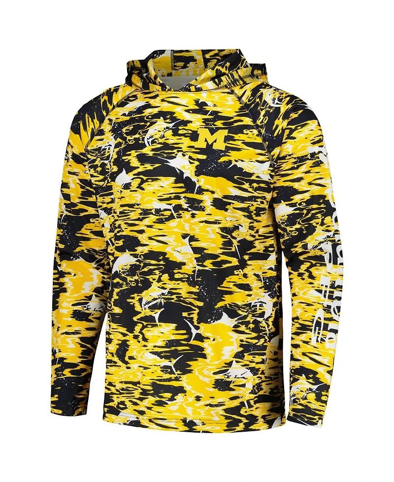Men's Columbia Navy Michigan Wolverines Pfg Terminal Tackle Omni-Shade Rippled Long Sleeve Hooded T-shirt