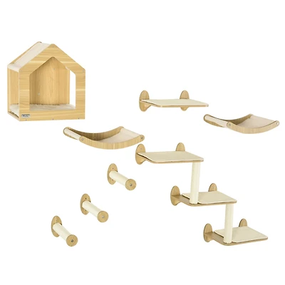 PawHut 10-Lvl Wood Cat Tree W/ Cat Shelves, Modern Wall-Mount Cat Tree