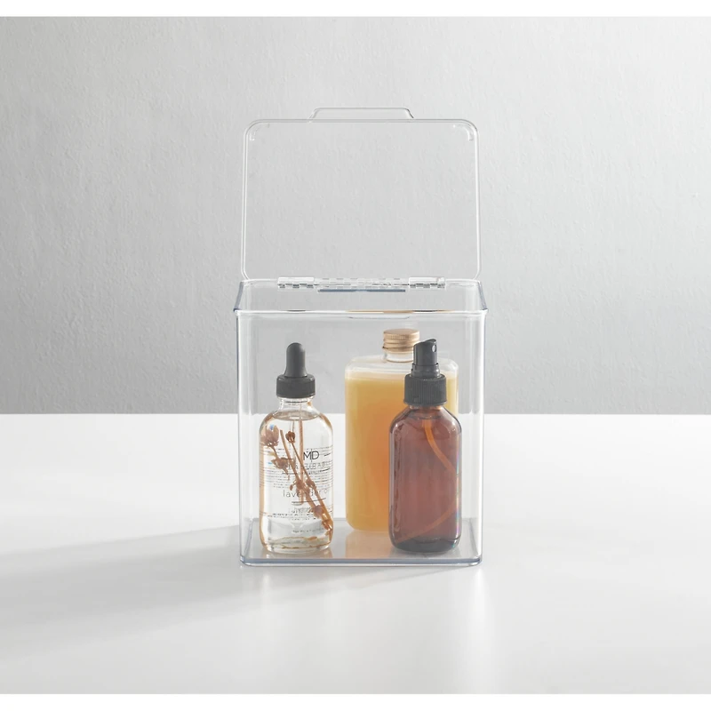 mDesign Plastic Bathroom Stacking Organizer Box with Hinged Lid, 8 Pack, Clear