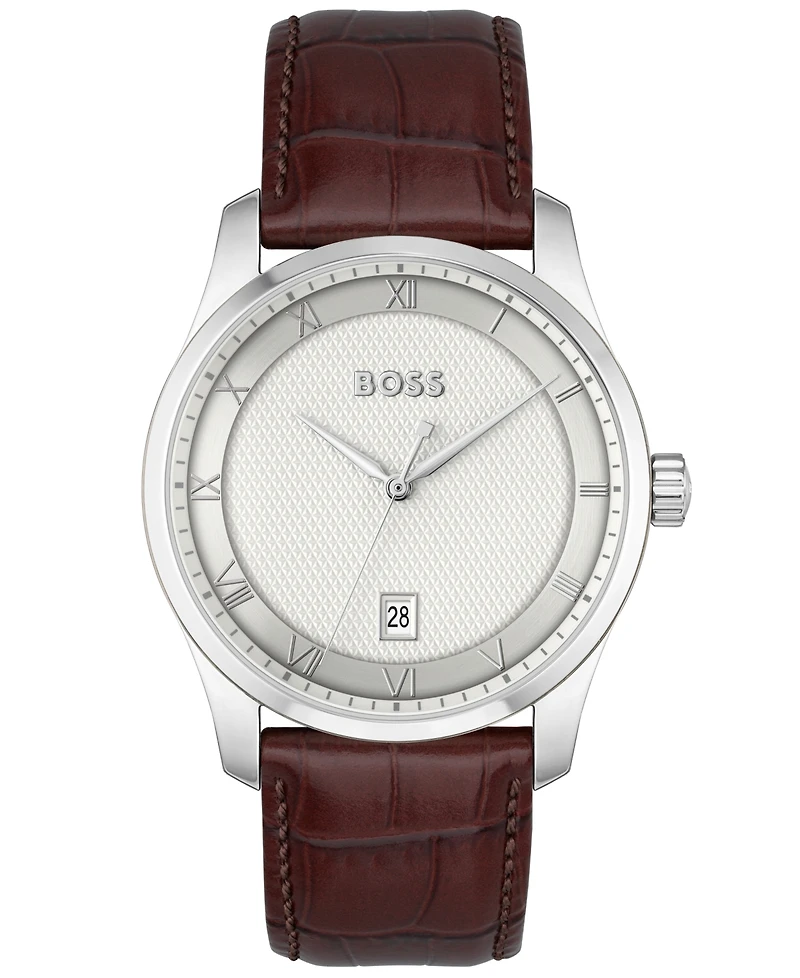 Hugo Boss Men's Principle Quartz Basic Calendar Brown Leather Watch 41mm