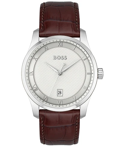 Hugo Boss Men's Principle Quartz Basic Calendar Brown Leather Watch 41mm