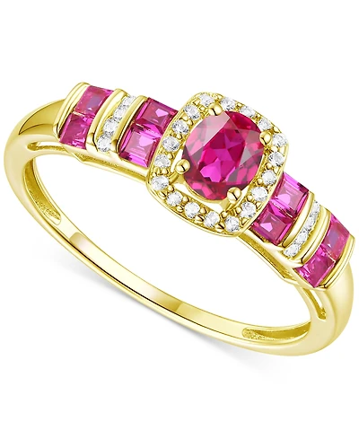 Lab-Grown Ruby (5/8 ct. t.w.) & Lab-Grown White Sapphire (1/10 ct. t.w.) Halo Statement Ring in 14k Gold-Plated Sterling Silver (Also in Lab-Grown Blu