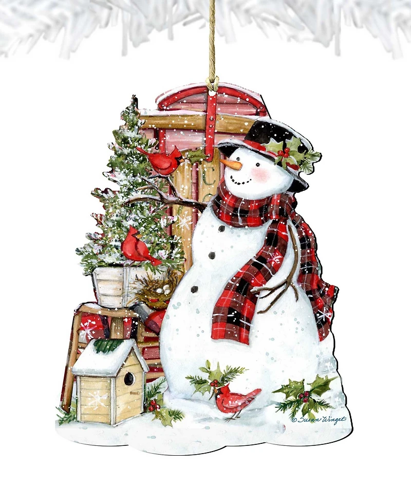 Designocracy Holiday Wooden Ornaments Snowman with Cardinals Home Decor Set of 2 S. Winget