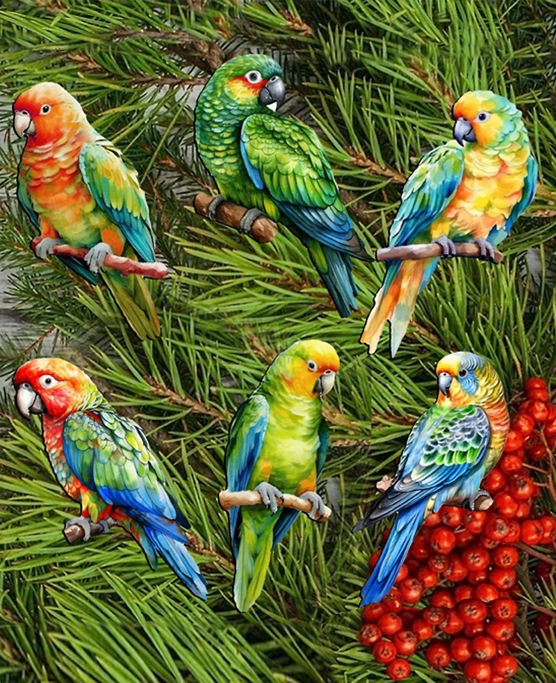 Designocracy Holiday Wooden Clip-On Ornaments Parrots Set of 6 G. DeBrekht