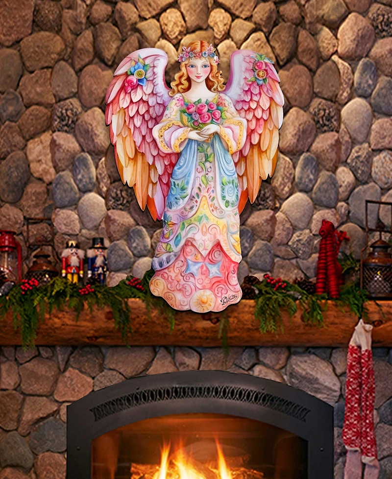 Designocracy Floral Angel Christmas Door Decor Wooden Wall Decor G. DeBrekht
