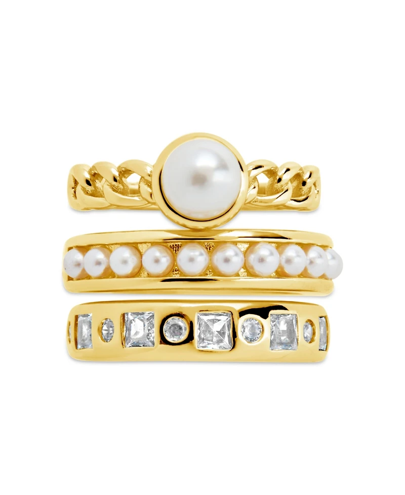Sterling Forever Cubic Zirconia Genuine Shell Pearl Kimber Stacking 3 Piece Ring Set