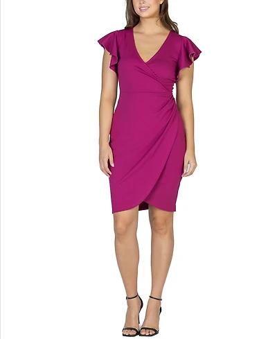 24seven Comfort Apparel Women's V-neck Ruffle Sleeve Knee Length Dress