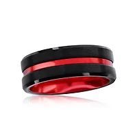 Black & Red Stripe Tungsten Ring - Matte Polished