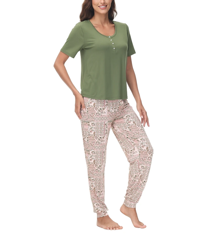 Ink+Ivy Women's 2 Piece Short Sleeve Henley Top with Jogger Pajama Set
