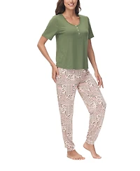 Ink+Ivy Women's 2 Piece Short Sleeve Henley Top with Jogger Pajama Set