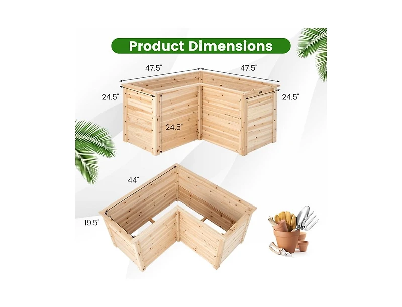 24 Inch L-Shaped Wooden Raised Garden Bed with Open-Ended Base-Natural