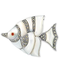 Mother of Pearl & Marcasite (1/2 ct. t.w.) Fish Pin in Sterling Silver