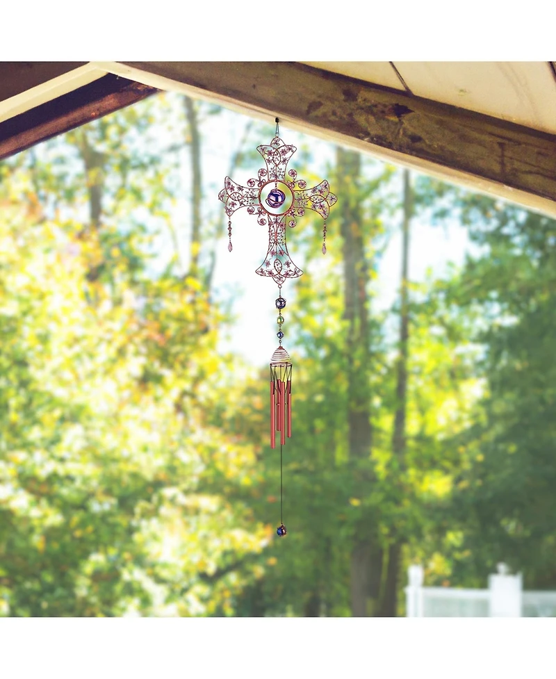 33" Long Blue Cross Wind Chime with Copper Gem