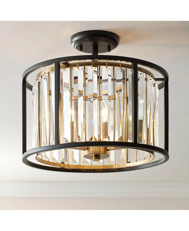 Possini Euro Design Milne Modern Ceiling Light Semi Flush Mount Fixture 14" Wide Bronze Brass 3-Light Clear Crystal for Bedroom Kitchen Living Ro