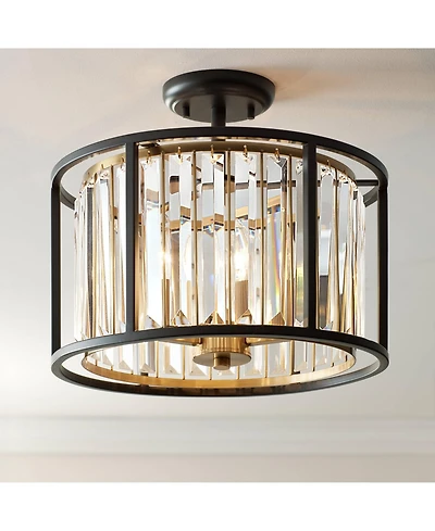 Possini Euro Design Milne Modern Ceiling Light Semi Flush Mount Fixture 14" Wide Bronze Brass 3-Light Clear Crystal for Bedroom Kitchen Living Ro