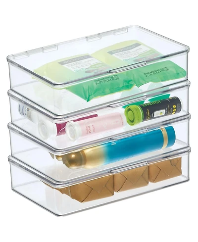 mDesign Plastic Stackable Bathroom Organizer Bin, Hinged Lid - 4 Pack - Clear