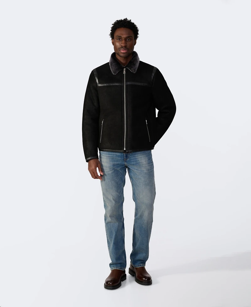 Furniq Uk Men's Leather Banded Sheepskin Casual Jacket