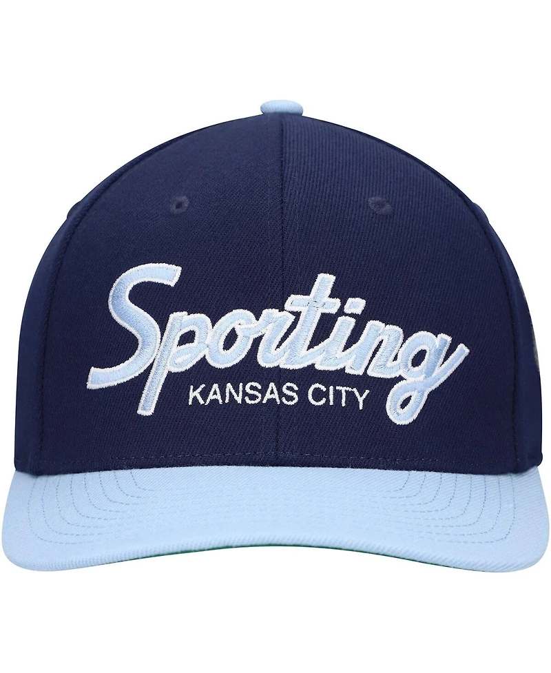 Men's Mitchell & Ness Navy Sporting Kansas City Team Script 2.0 Stretch Snapback Hat