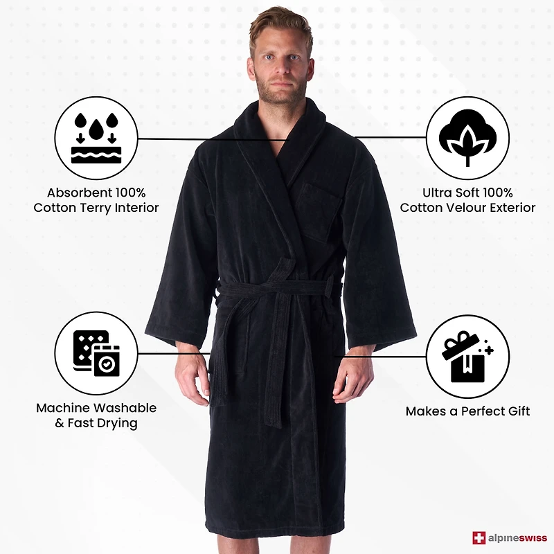 Alpine Swiss Pure Cotton Men Terry Cloth Bathrobe Super Absorbent Hotel Spa Robe