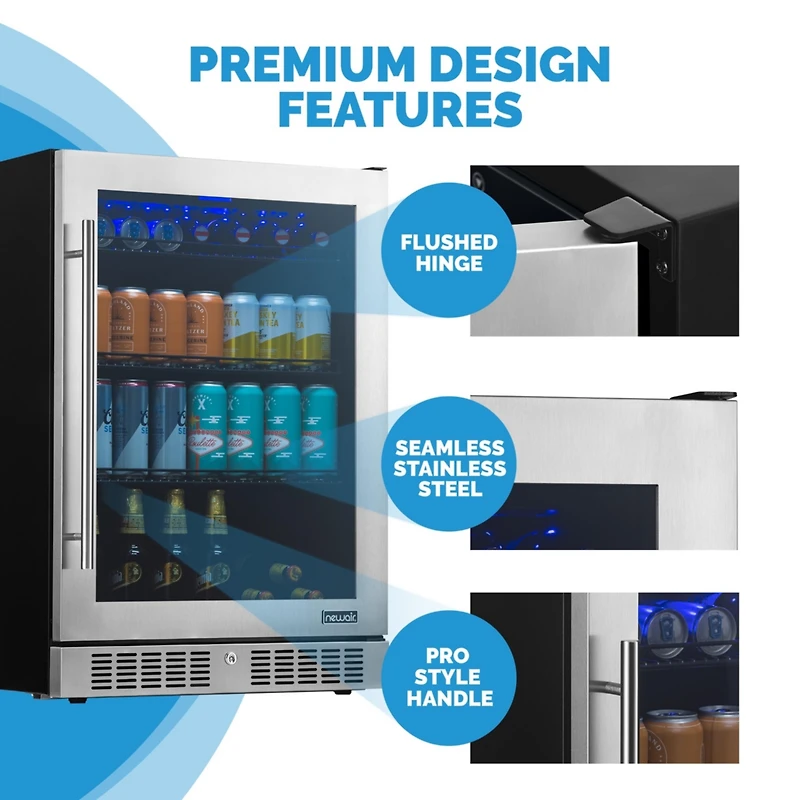 Newair 24" Built-in Premium 224 Can Beverage Fridge with Color Changing Led Lights, Seamless Stainless Steel Door and Precision Temperature Contr