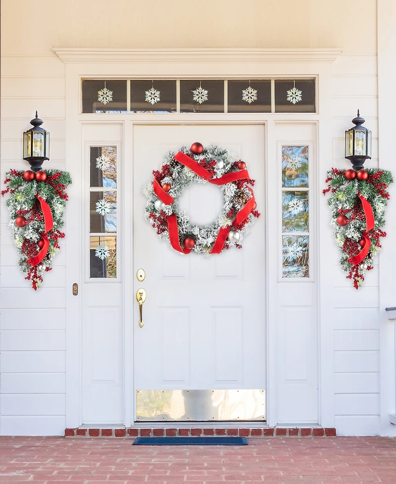 Glitzhome 25" H Flocked Berry, Ornament and Pinecone Ribbon Teardrop