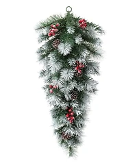 Glitzhome 3' Pre-Lit Pinecones and Red Berries Artificial Christmas Teardrop Swag with 50 Warm White Lights and Timer