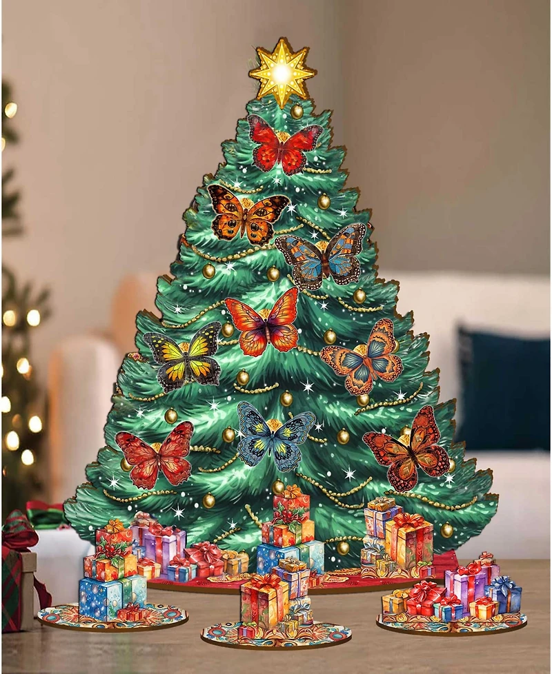 Designocracy Butterfly Themed Wooden Christmas Tree with Ornaments Set of 13 G. DeBrekht
