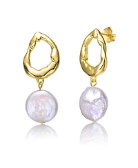 Sterling Silver 14k Yellow Gold Plated with White Coin Freshwater Pearl Twisted Halo Circle Dangle Drop Earrings