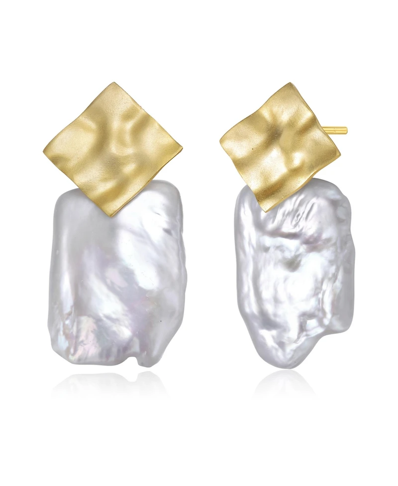 Sterling Silver 14K Gold Plated with Genuine Freshwater Pearl Drop Square Earrings