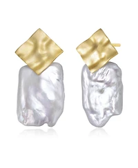 Sterling Silver 14K Gold Plated with Genuine Freshwater Pearl Drop Square Earrings