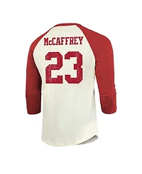 Men's Majestic Threads Christian McCaffrey Cream, Scarlet San Francisco 49ers Player Name and Number Raglan 3/4-Sleeve T-shirt