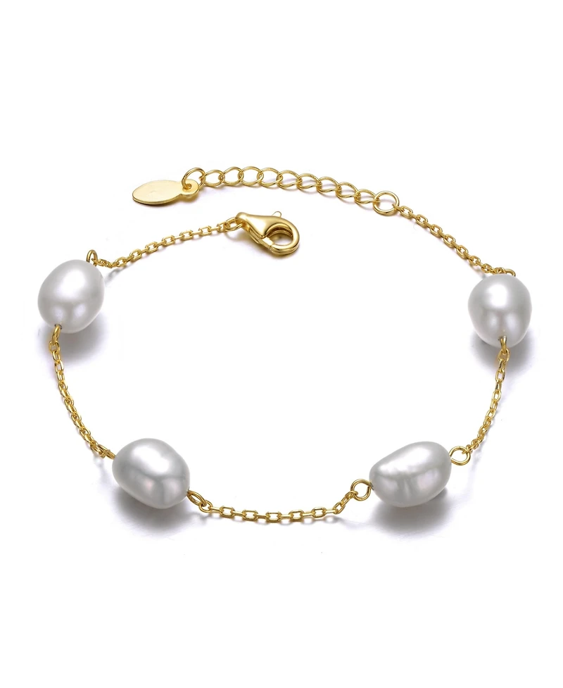 Sterling Silver 14k Yellow Gold Plated with Gray Freshwater Pearl Station Bracelet with Adjustable Extension Chain