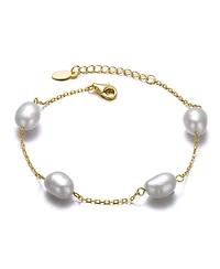 Sterling Silver 14k Yellow Gold Plated with Gray Freshwater Pearl Station Bracelet with Adjustable Extension Chain