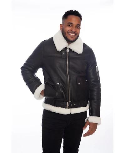 Furniq Uk Men's Shearling Belted Pilot Jacket, Silky Black with White Wool