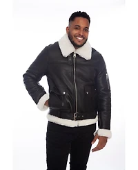 Furniq Uk Men's Shearling Belted Pilot Jacket, Silky Black with White Wool