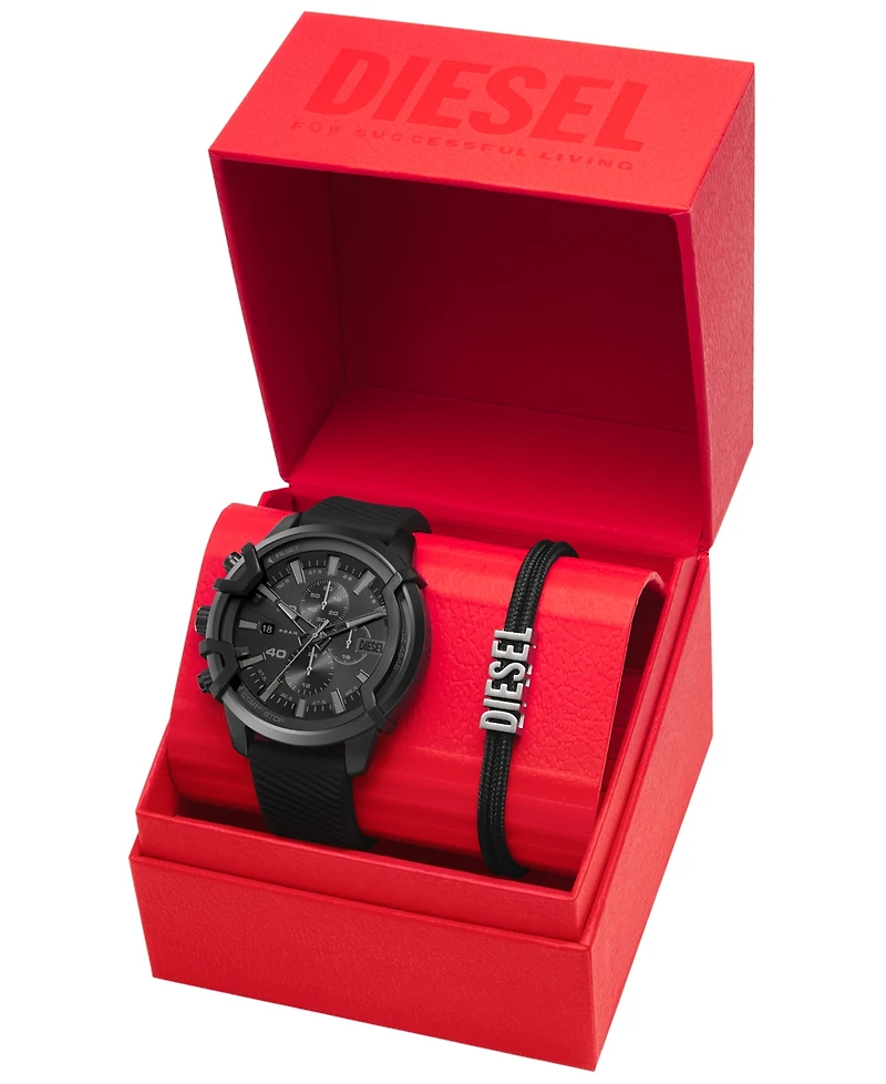 Diesel Men's Griffed Chronograph Black Silicone Watch 48mm Gift Set