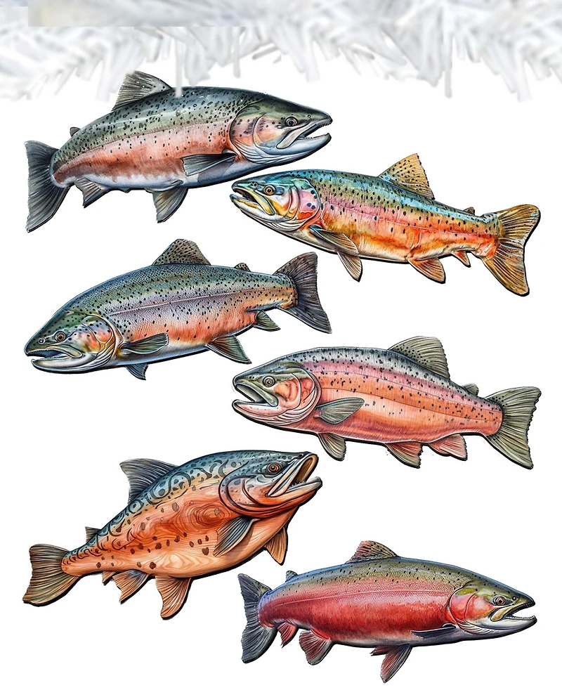 Designocracy Holiday Wooden Clip-On Ornaments Wild Salmon Tales Set of 6 G. DeBrekht