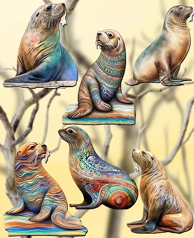 Designocracy Holiday Wooden Clip-On Ornaments Coastal Sea Lions Set of 6 G. DeBrekht