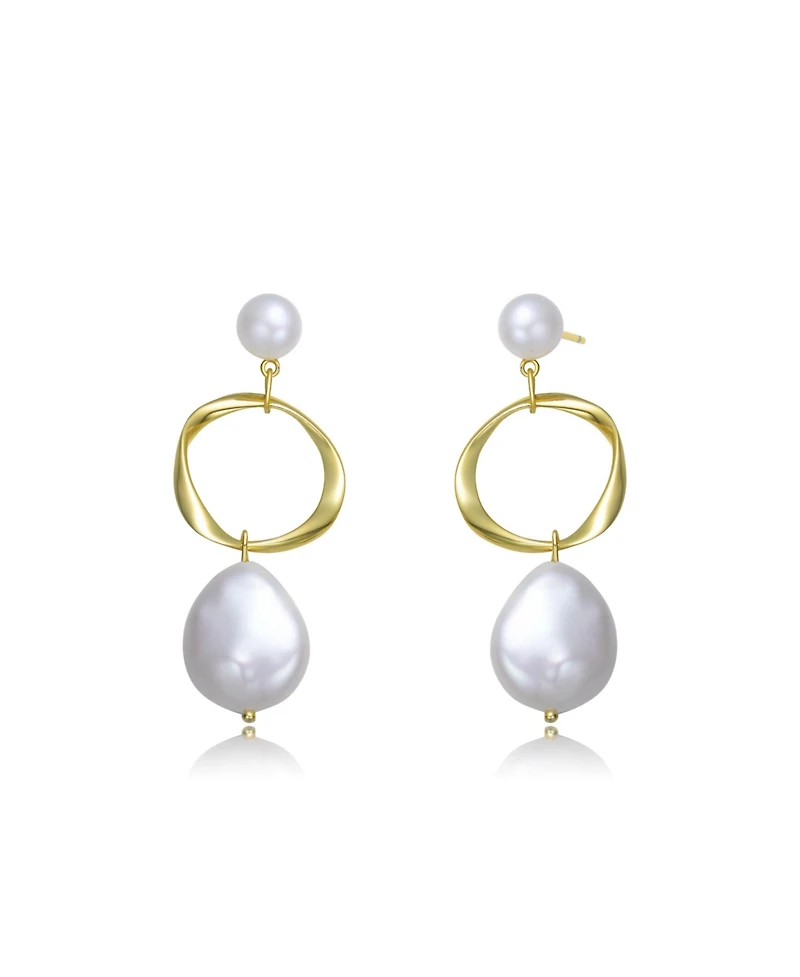 Elegant Sterling Silver 14K Gold Plating and Genuine Freshwater Pearl Hoop Earrings