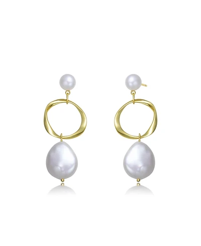 Elegant Sterling Silver 14K Gold Plating and Genuine Freshwater Pearl Hoop Earrings